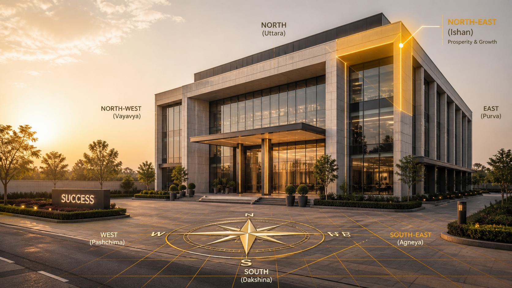Modern building with compass and prosperity symbols